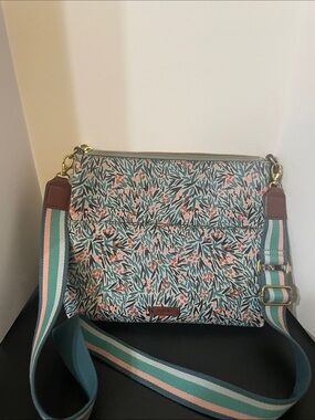 Fossil Teal and Pink Floral Crossbody with Striped Strap